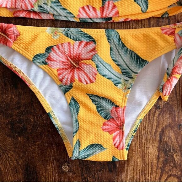 Yellow Tropical Floral Cutout Bandeau Side Tie Bikini - Picture 4 of 8